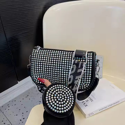 Black Rhinestone Crossbody Bag with Round Coin Purse – Sparkly Shoulder Bag with Strap for Women