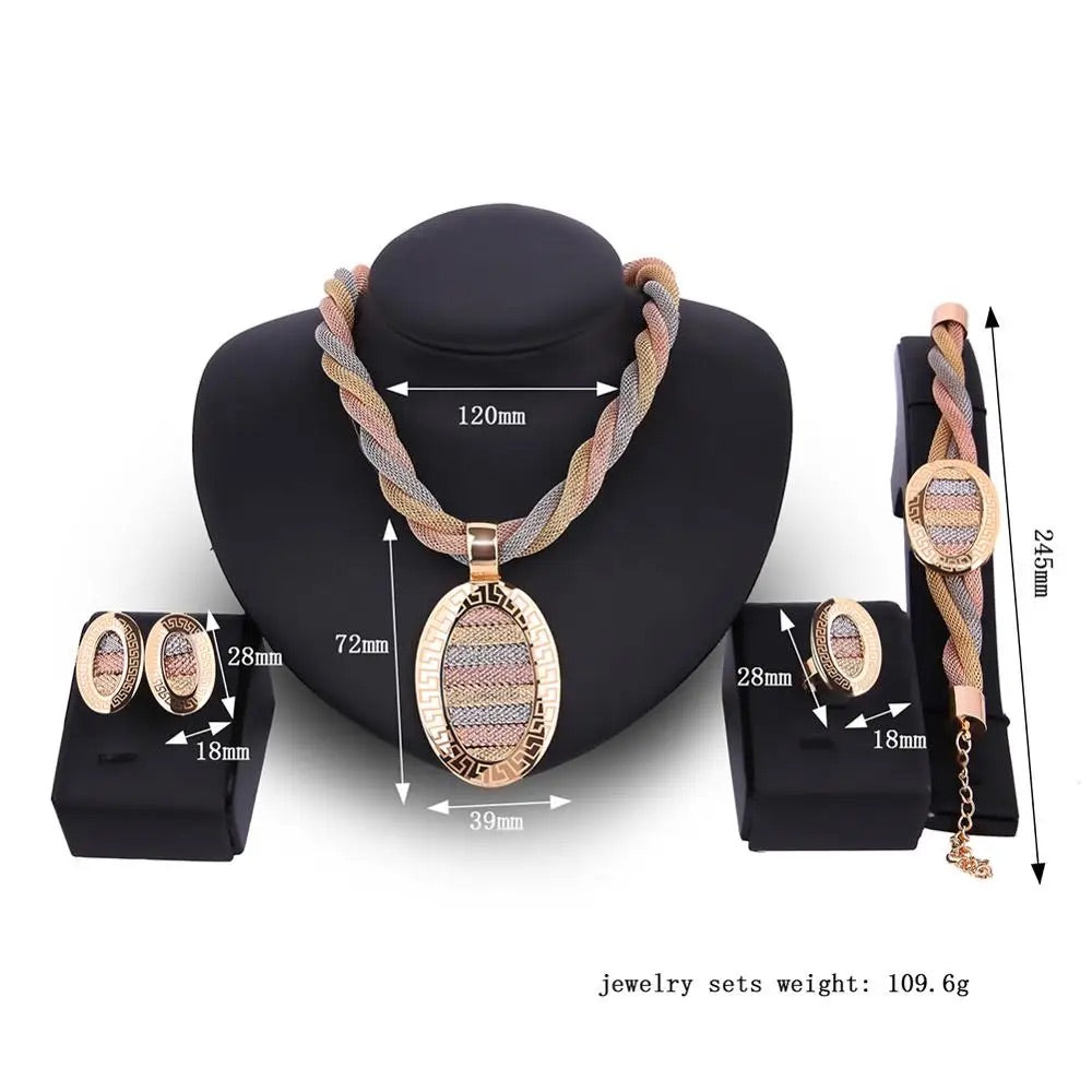 Fashion Gold Silver Plated Women Dubai Jewellery Party Earring Necklace Girl Golden Elegant 4Pcs Luxury Costume Jewelry Set