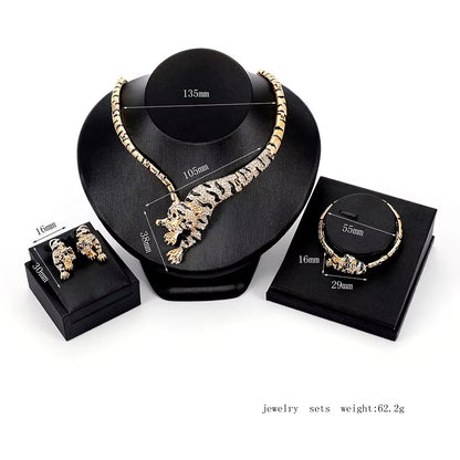 Hip Hop Gold-plated Necklace Zircon Covered Leopard Necklace Earring Bracelet Sets