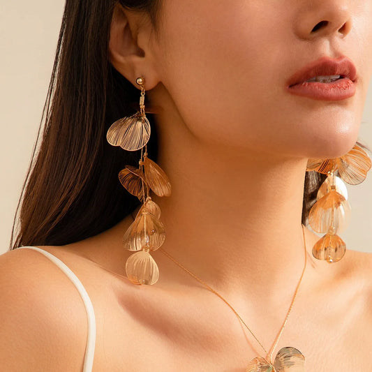 European American Style Ginkgo Leaf Tassel earrings Gold Plated Cross-Border