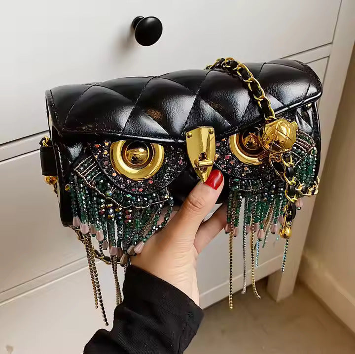 Designer stone work tessle owl face duffle bag