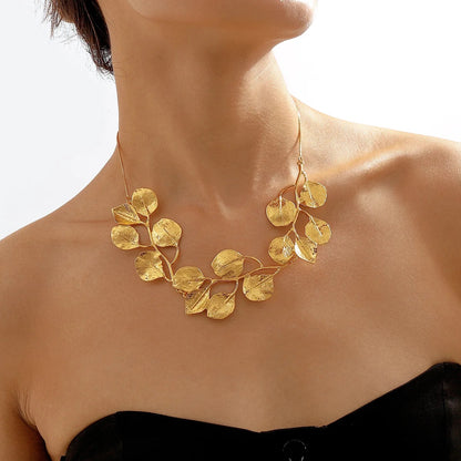 Anti turnished  Leaf tassel Earrings and Choker Necklaces Set for Women Trendy gold silver plated leaf metal jewelry necklace for women