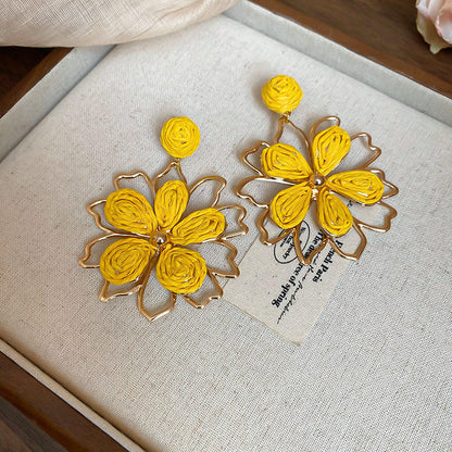 Yellow Wrapped Wireframe Flower Earrings | Gold-Tone Statement Jewelry