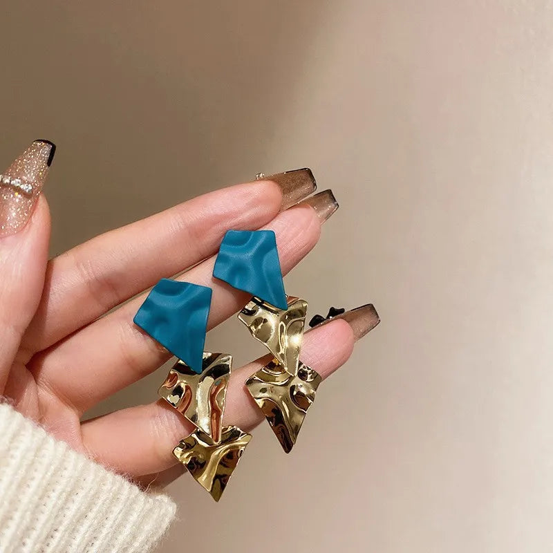 Modern Geometric Drop Earrings – Gold Textured Triangle with Teal Blue Accents
