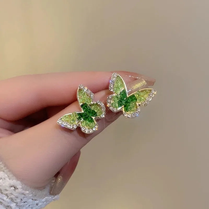 New Design Green Butterfly Earrings with Silver Needle Diamond Stud Earrings Women