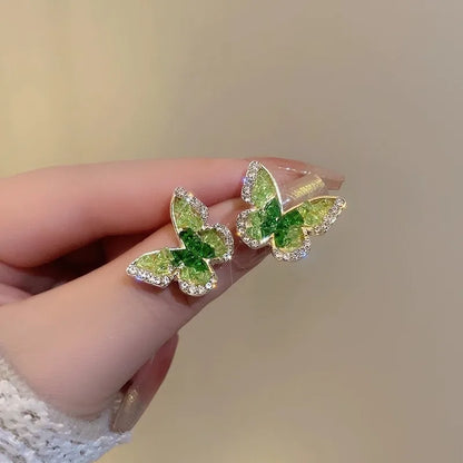 New Design Green Butterfly Earrings with Silver Needle Diamond Stud Earrings Women