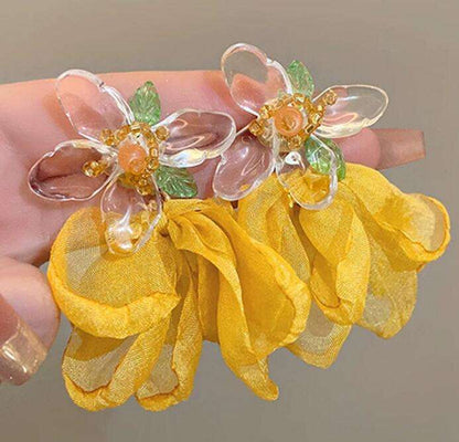 Statement Fabric Petal Dangle Earrings | Crystal Flower Top
