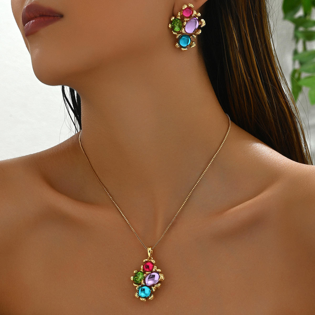 Vibrant Rainbow Crystal Cluster Necklace & Earring Set | Multi-Color Jewelry