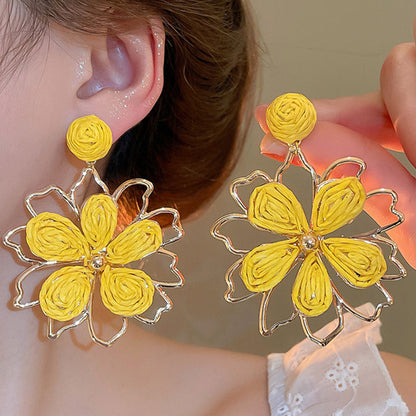 Yellow Wrapped Wireframe Flower Earrings | Gold-Tone Statement Jewelry