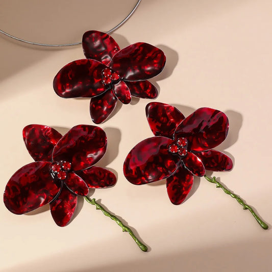 Oil Drop Inlaid Rhinestone Big Flowers Silver Needle Earrings Personality Exaggerated Temperament Floral Drop Earrings Jewelry