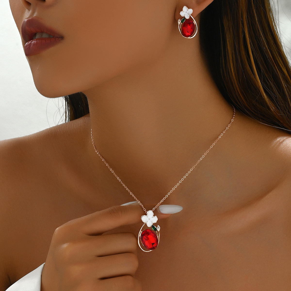 Elegant Red Crystal & White Flower Pendant Necklace Set | Rose Gold Finish