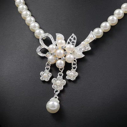 Classic White Pearl & Crystal Floral Necklace Set – Silver Tone Wedding & Bridal Jewelry with Matching Drop Earrings