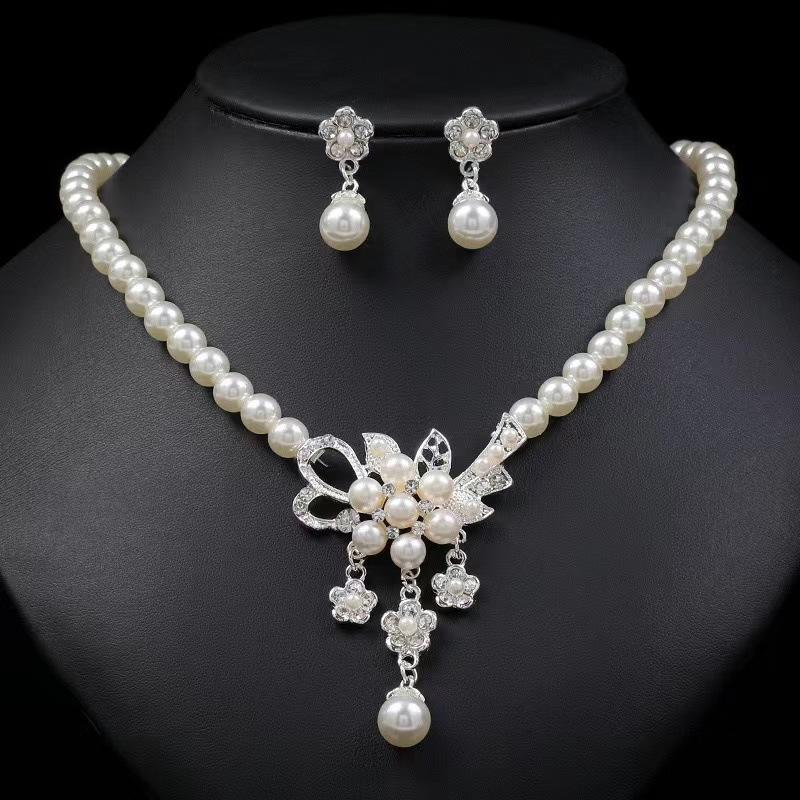 Classic White Pearl & Crystal Floral Necklace Set – Silver Tone Wedding & Bridal Jewelry with Matching Drop Earrings