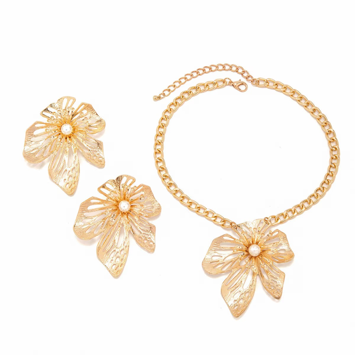 Fashion Jewelry Women's Exaggerated Large Flower Necklace Metal Chain Hollow Flower Necklace Set