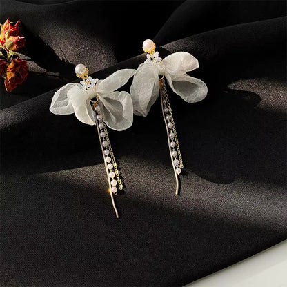 New Arravial Fashion Bohemian Style Long Tassel Elegance White Gauze Nets Yarn White Bow Knot Earrings
