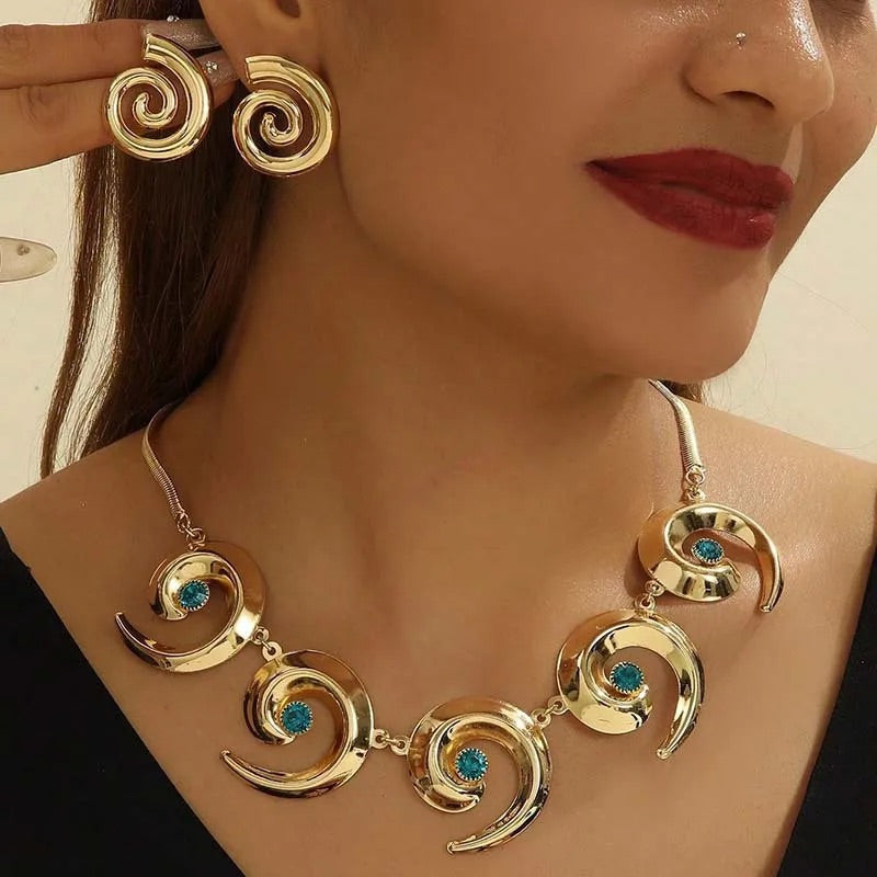 Cross Border Fashion Ocean Style Exaggerated Metal Oversized Spiral Pattern Earrings Women's Necklace Earrings Jewellery Set