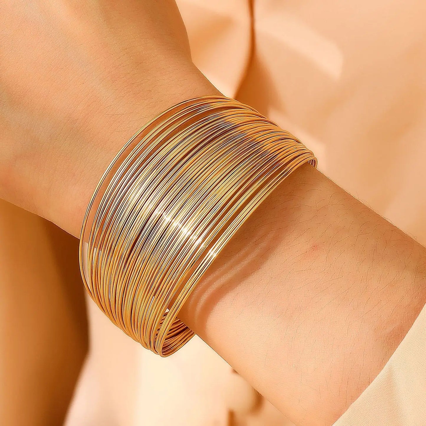 Creative Exaggerated Women Stainless Steel Gold Multi-Layer Open Wide Geometric Design Bracelet