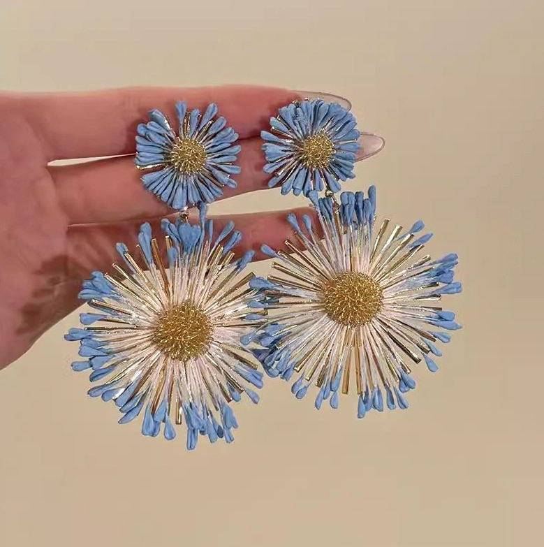 Blue & White Starburst Dangle Earrings | Two-Part Floral Statement