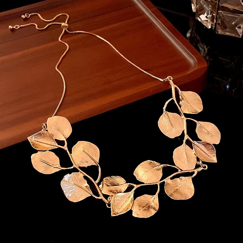 Anti turnished  Leaf tassel Earrings and Choker Necklaces Set for Women Trendy gold silver plated leaf metal jewelry necklace for women