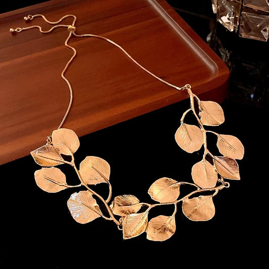 Anti turnished  Leaf tassel Earrings and Choker Necklaces Set for Women Trendy gold silver plated leaf metal jewelry necklace for women