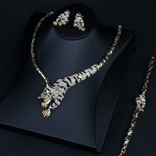 Hip Hop Gold-plated Necklace Zircon Covered Leopard Necklace Earring Bracelet Sets