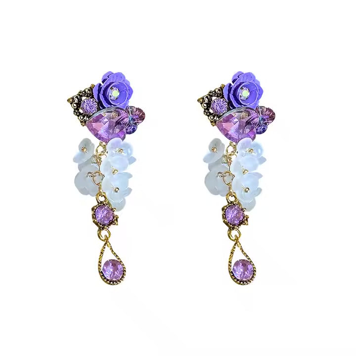 Crystal Heart 925 Silver Needle Purple Flower Dinner Party Style Versatile Earrings