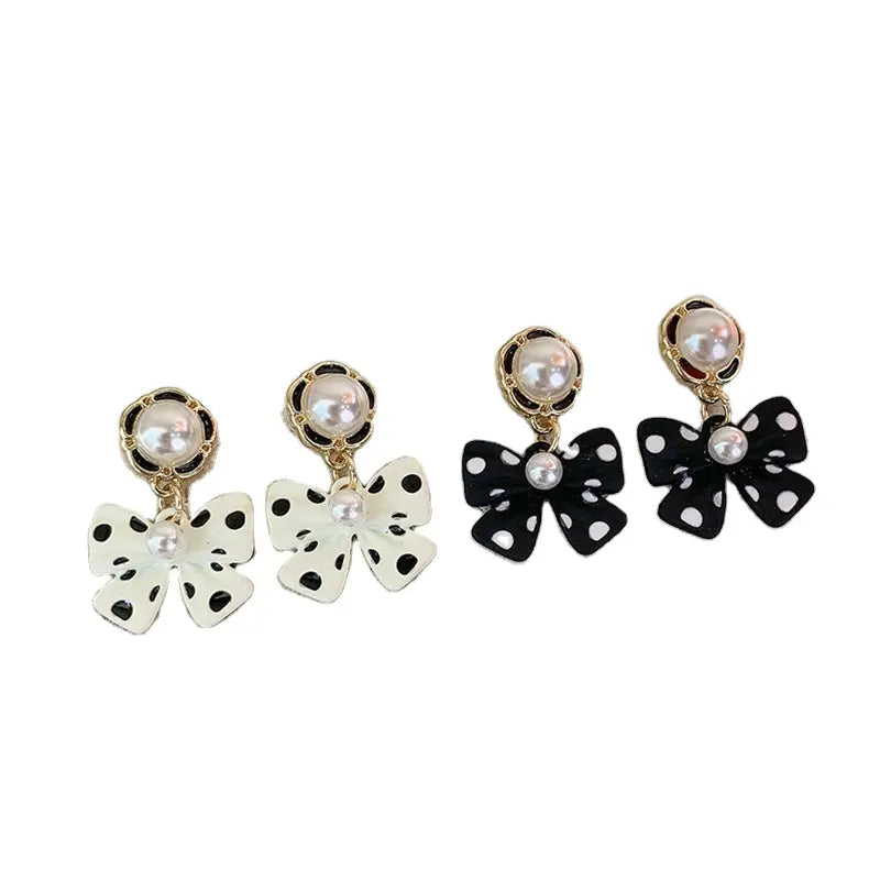 Chic Polka Dot Bow Earrings with Pearls - Stylish and Playful