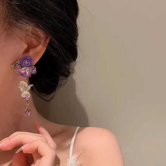 Crystal Heart 925 Silver Needle Purple Flower Dinner Party Style Versatile Earrings
