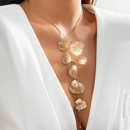 European American Style Ginkgo Leaf Tassel Necklace Retro Pull-Out Collar Choker Gold Plated Cross-Border Jewelry Pearl