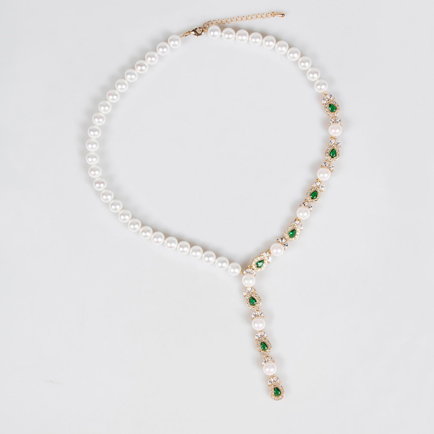 Emerald Green Teardrop & Pearl Lariat Necklace Set – Silver Tone Y-Shape Drop Statement Jewelry for Evening Wear