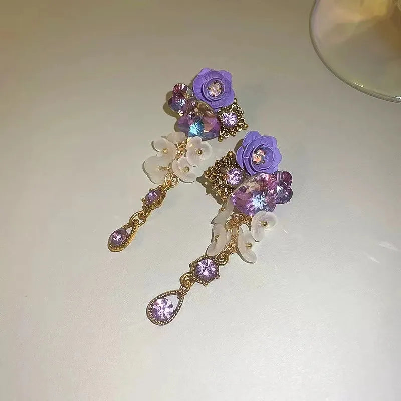 Crystal Heart 925 Silver Needle Purple Flower Dinner Party Style Versatile Earrings