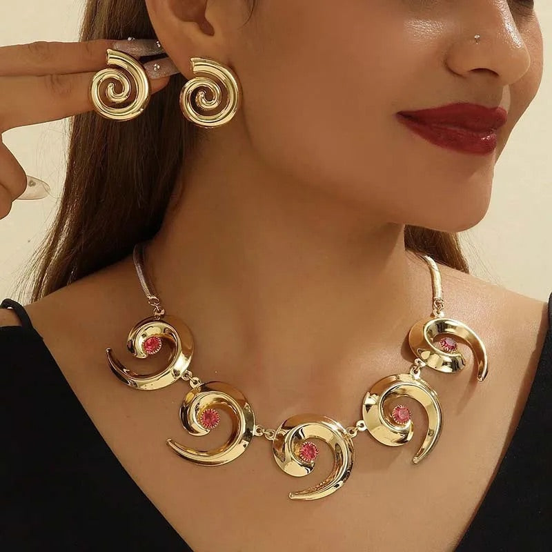 Cross Border Fashion Ocean Style Exaggerated Metal Oversized Spiral Pattern Earrings Women's Necklace Earrings Jewellery Set