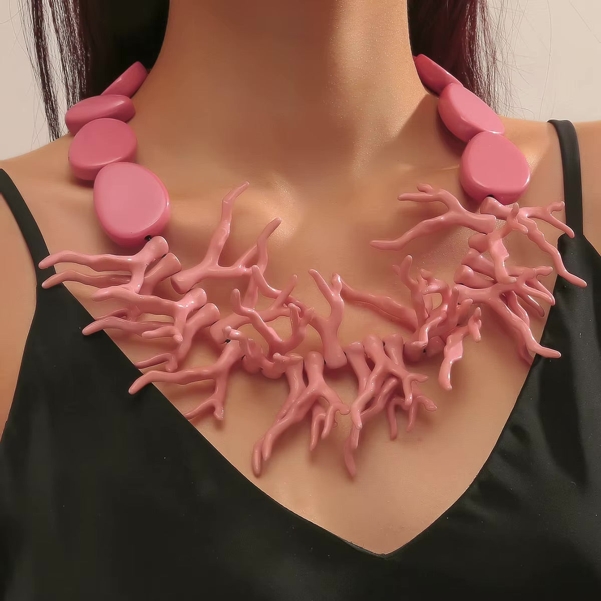 Faux Coral Branch Statement Necklace | Chunky Resin Bib Necklace with Pebble Beads