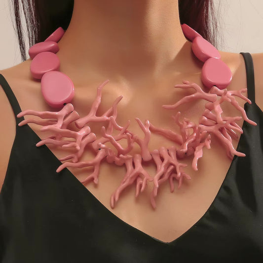 Faux Coral Branch Statement Necklace | Chunky Resin Bib Necklace with Pebble Beads