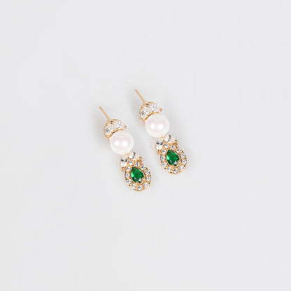 Emerald Green Teardrop & Pearl Lariat Necklace Set – Silver Tone Y-Shape Drop Statement Jewelry for Evening Wear