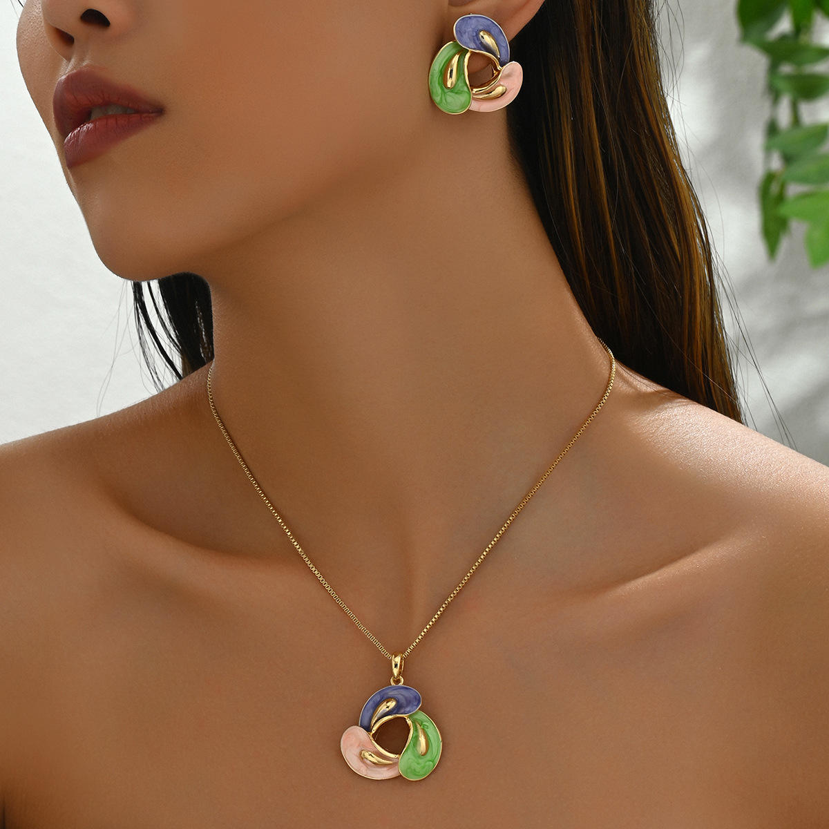 Modern Pastel Enamel Swirl Necklace & Earring Set | Artistic Gold-Tone Jewelry