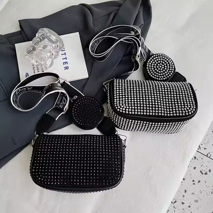 Black Rhinestone Crossbody Bag with Round Coin Purse – Sparkly Shoulder Bag with Strap for Women
