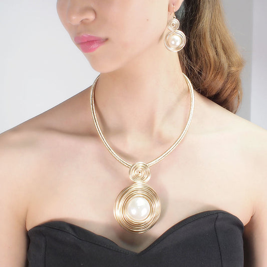 Wire-Wrapped Gold Spiral & Pearl Necklace Set | Statement Jewelry