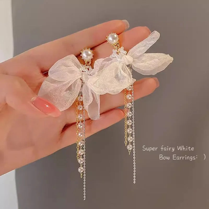 New Arravial Fashion Bohemian Style Long Tassel Elegance White Gauze Nets Yarn White Bow Knot Earrings