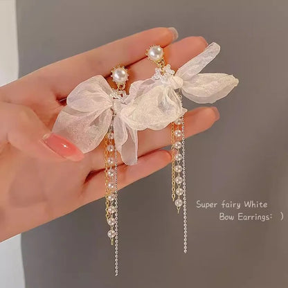New Arravial Fashion Bohemian Style Long Tassel Elegance White Gauze Nets Yarn White Bow Knot Earrings