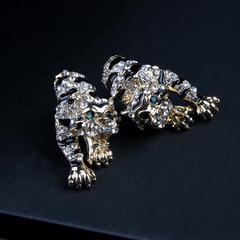 Hip Hop Gold-plated Necklace Zircon Covered Leopard Necklace Earring Bracelet Sets