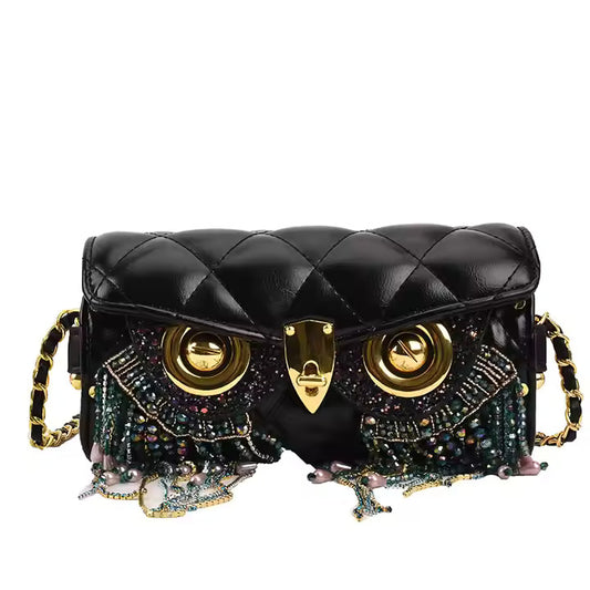 Designer stone work tessle owl face duffle bag