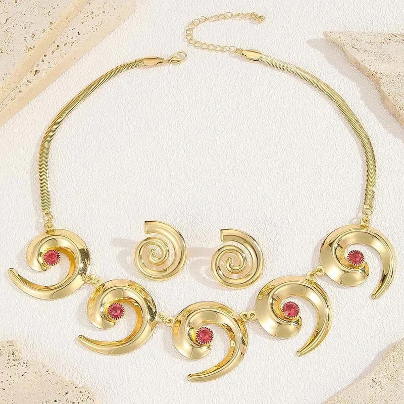 Cross Border Fashion Ocean Style Exaggerated Metal Oversized Spiral Pattern Earrings Women's Necklace Earrings Jewellery Set