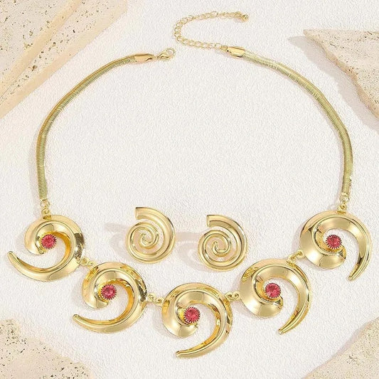 Cross Border Fashion Ocean Style Exaggerated Metal Oversized Spiral Pattern Earrings Women's Necklace Earrings Jewellery Set