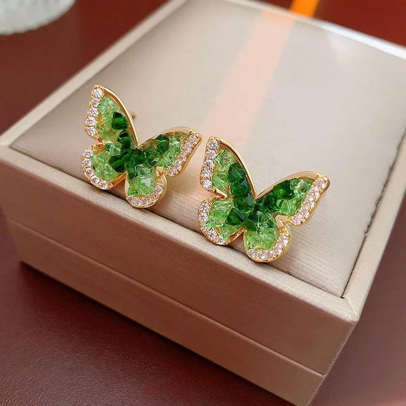 New Design Green Butterfly Earrings with Silver Needle Diamond Stud Earrings Women
