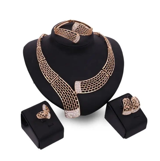Fashion Rhinestones Gold Wedding Jewelry Set Alloy Necklace Earrings and Ring 4pcs Jewelry Set