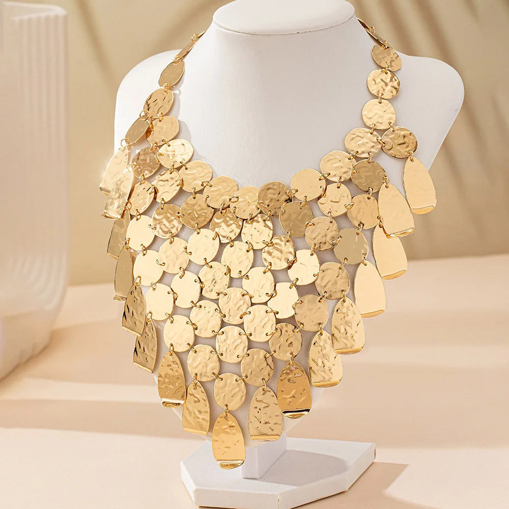 New Arrival Exaggerated Long Sweater Chain Necklace Banquet Style Metal Sequins Geometric Leopard Print Statement Necklaces
