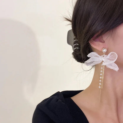 New Arravial Fashion Bohemian Style Long Tassel Elegance White Gauze Nets Yarn White Bow Knot Earrings