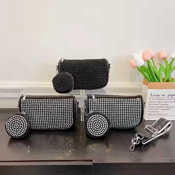Black Rhinestone Crossbody Bag with Round Coin Purse – Sparkly Shoulder Bag with Strap for Women