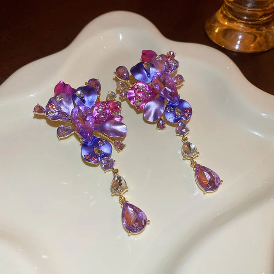Silver Needle Inlaid Diamond Purple Flower Earrings